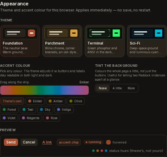 The Appearance section of the Config screen: four theme cards each previewing their own chrome, a full-spectrum strip to drag along, ten named hues from Ember to Rose with a "Theme's own" reset, a None / A little / More control for tinting the background, and a live preview row showing buttons, a link, an accent chip and the status hues the theme keeps for itself
