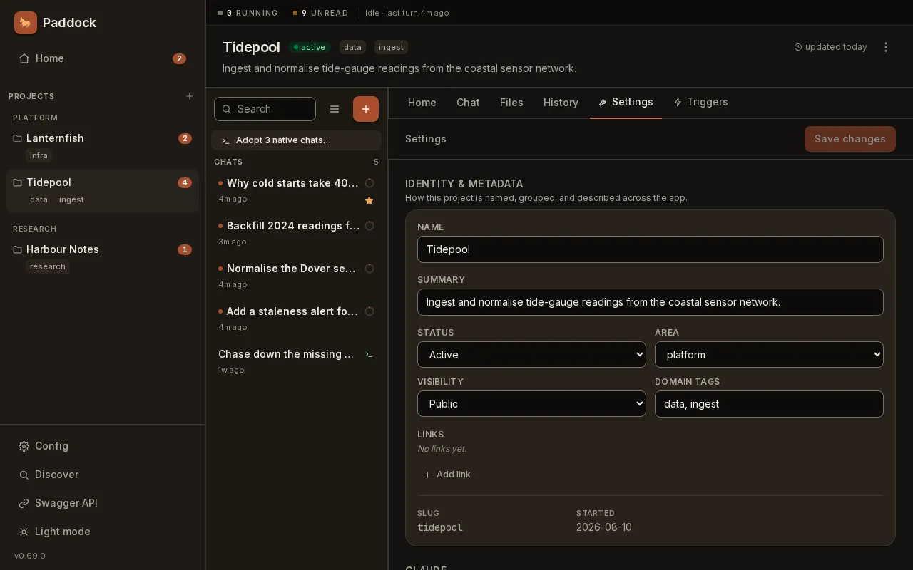 Foundation: a warm near-black ground with a plain sans-serif, terracotta on the new-chat button and the Save changes button, and the project header sitting flush on the page ground. Unread chats carry terracotta dots and each project shows an unread badge in the sidebar