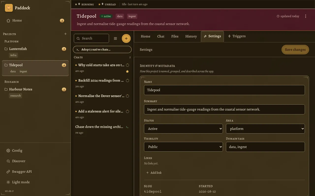 Parchment: the project header becomes a wine-red band, Save changes is a brass pill, the settings card is drawn with corner brackets, and every label is an old-style serif in small caps — the section heading "Identity & Metadata" carrying an italic ampersand. Unread chats are marked in amber against the brown ground