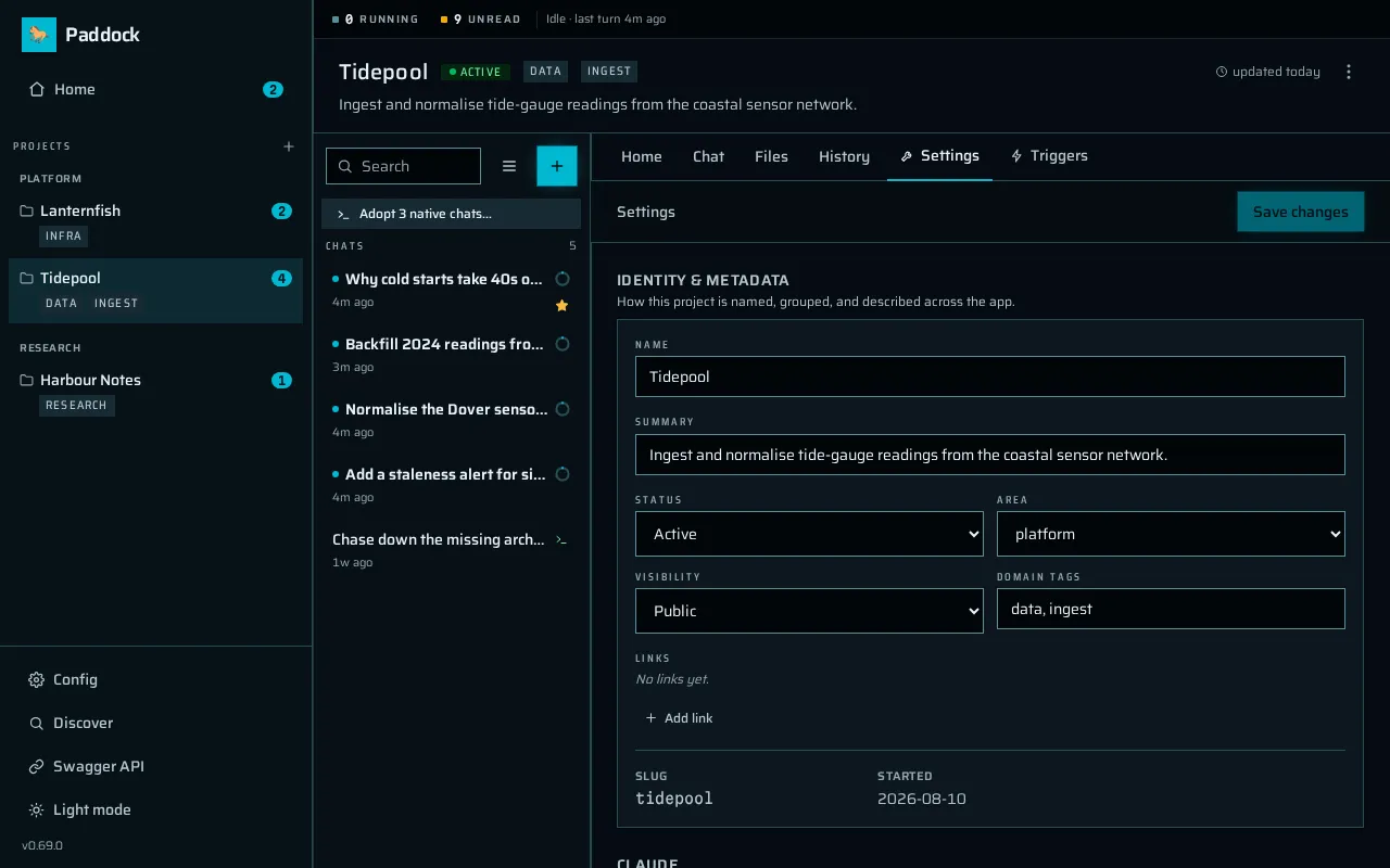 Sci-Fi: a deep blue-black ground with luminous cyan on the new-chat button, the Save changes button and the active tab underline, and the project's tag chips set in letter-spaced uppercase. Unread dots and sidebar badges pick up the same cyan