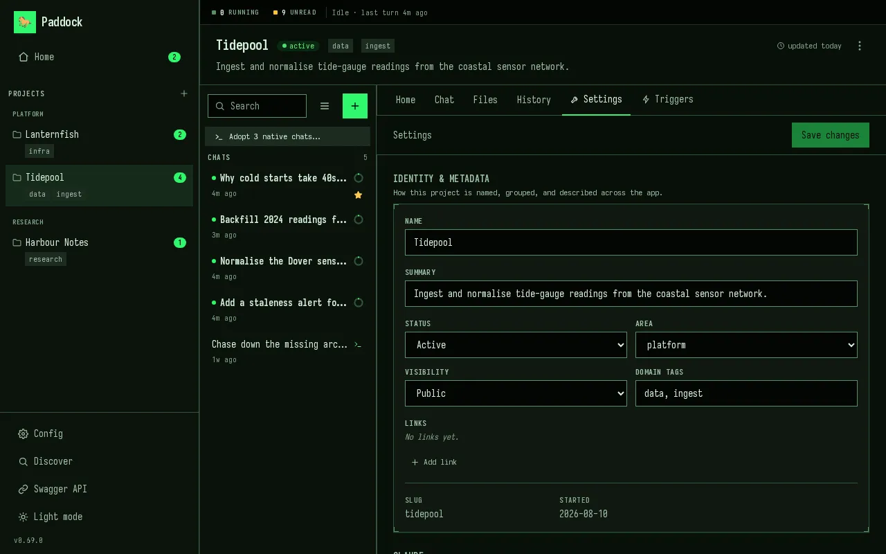 Terminal: green phosphor on near-black, with the sidebar, labels and field text all in the same green, and the settings card outlined in a thin phosphor rule. Unread dots and the sidebar's project badges glow the same green