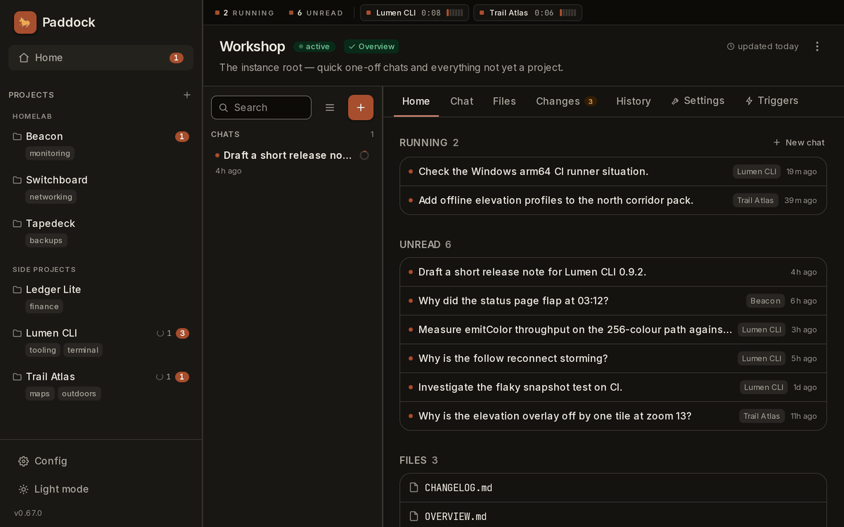 Paddock — running and unread chats across every project, a live turn, a sub-agent's nested steps, an inline diff, Claude opening its own chats, files rendered in the conversation, fork and rewind, triggers, run history, the git Changes tab, and the same instance on a phone
